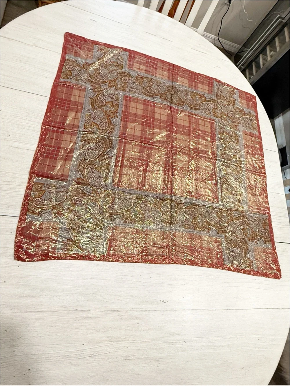 OSCAR DE LA RENTA Women’s Red Multi Paisley Plaid Metallic Square Scarf 42”X42”